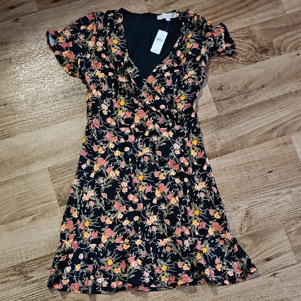 LOFT Navy Floral Dress with Pink and Yellow Accents